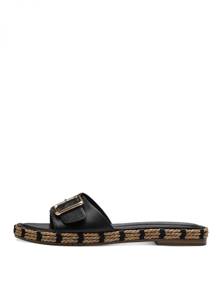 כפכפי עור שחורים עם אבזם וסולית חבלים, תמריס Tamaris