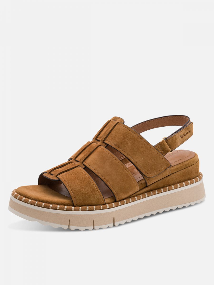 סנדל רצועות עבות מעור הפוך עם סגירת סקוצ’. סולית נוחות אורטופדית. תמריס TAMARIS.