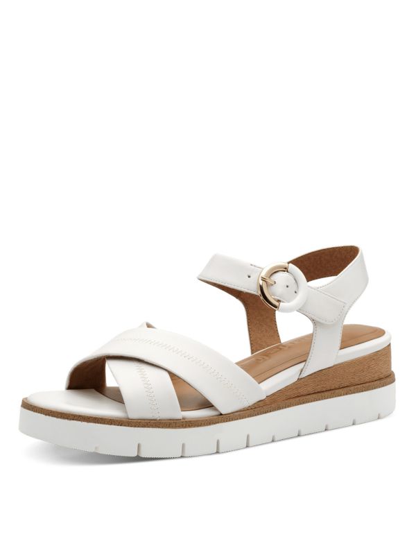 סנדלי נוחות עור, רצועות מוצלבות, צבע לבן תמריס Tamaris