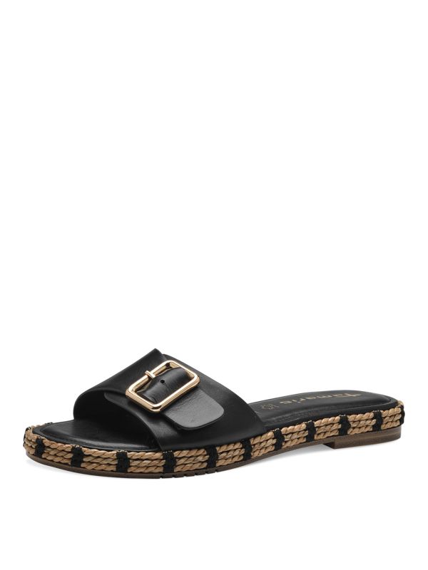 כפכפי עור שחורים עם אבזם וסולית חבלים, תמריס Tamaris