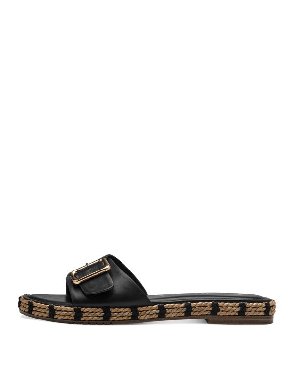 כפכפי עור שחורים עם אבזם וסולית חבלים, תמריס Tamaris