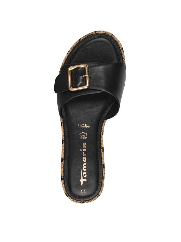 כפכפי עור שחורים עם אבזם וסולית חבלים, תמריס Tamaris