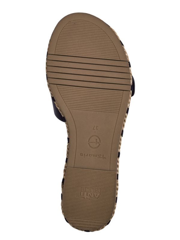 כפכפי עור שחורים עם אבזם וסולית חבלים, תמריס Tamaris