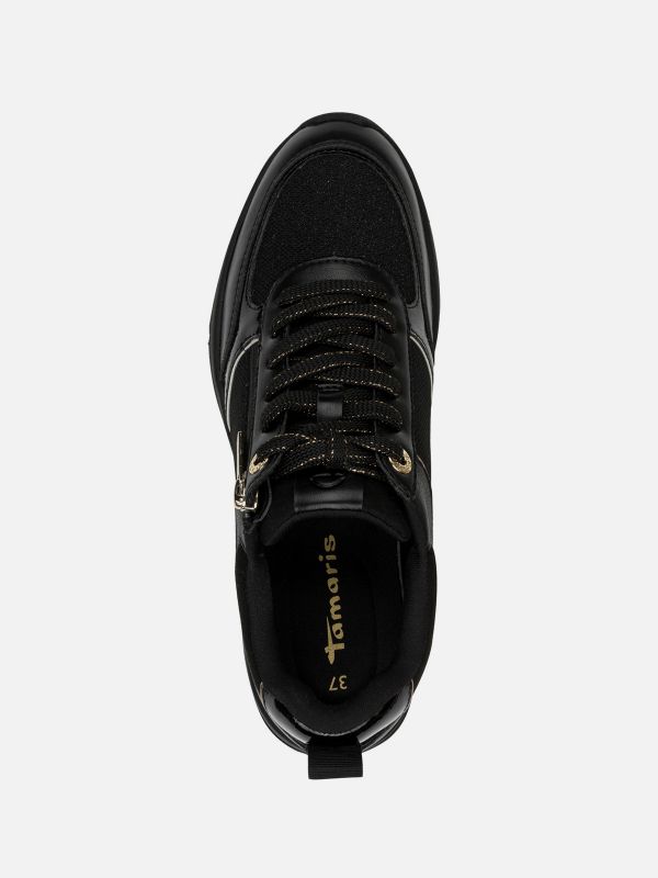 סניקרס שחור בעיטור זהב עם רוכסן וסוליה מוגבהת. תמריס TAMARIS.