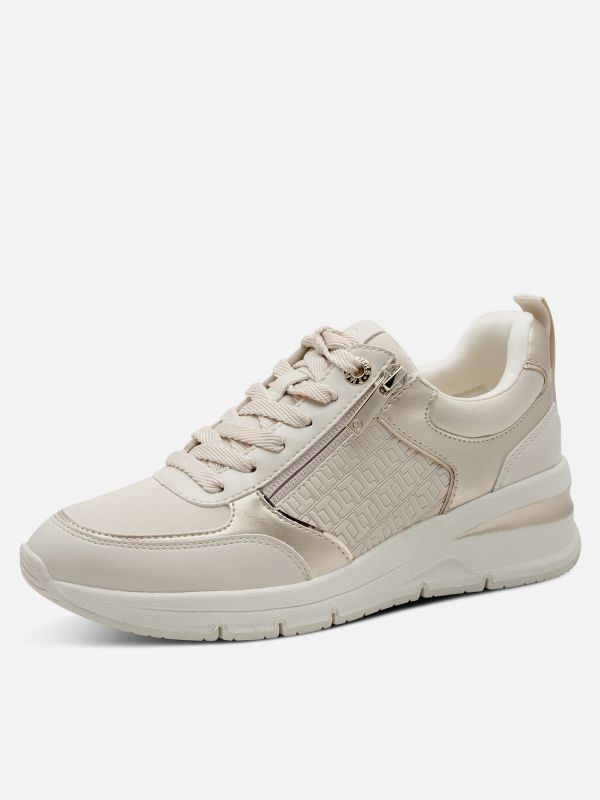 סניקרס צבע שנהב עיטור זהב עם רוכסן סוליה מוגבהת. תמריס TAMARIS.