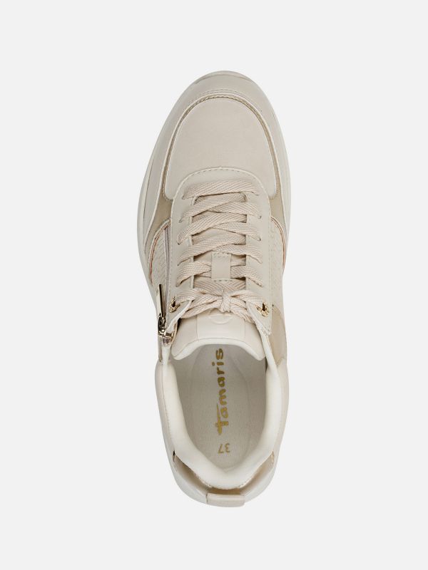 סניקרס צבע שנהב עיטור זהב עם רוכסן סוליה מוגבהת. תמריס TAMARIS.