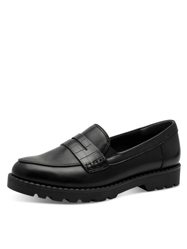 מוקסינים טרנדיים סולית טרקטור עם עיטור קלאסי. צבע שחור. תמריס TAMARIS