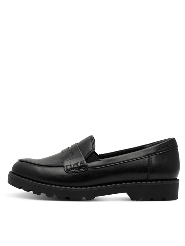 מוקסינים טרנדיים סולית טרקטור עם עיטור קלאסי. צבע שחור. תמריס TAMARIS