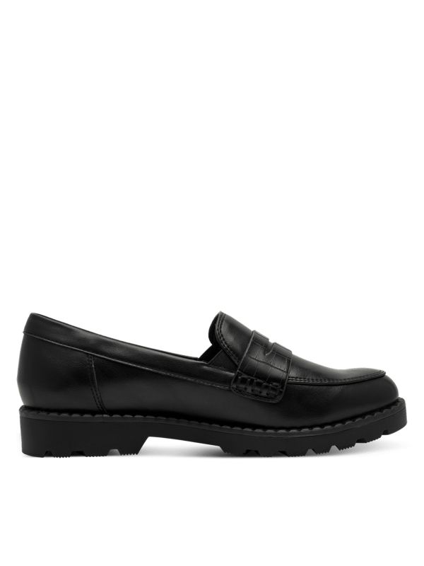 מוקסינים טרנדיים סולית טרקטור עם עיטור קלאסי. צבע שחור. תמריס TAMARIS