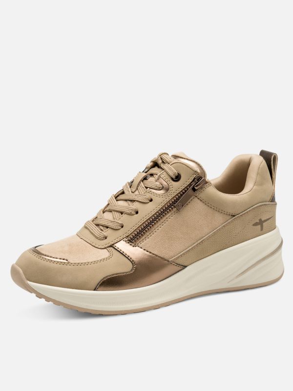 סניקרס צבע אבן בעיטור זהב. עם סוליה מוגבהת ורוכסן צד. תמריס TAMARIS.